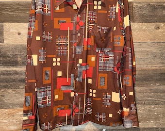 Camisa de poliéster estilo disco vintage de los años 70 de Joel California MCM (manga larga) - talla XL