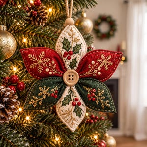 May include: A fabric Christmas tree ornament shaped like a star with five petals. The petals alternate between red, dark green, and cream colors, featuring embroidered gold snowflakes, holly leaves, and red berries. A wooden button sits at the center.