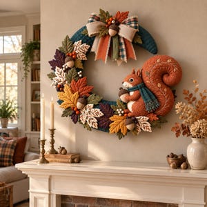 May include: A crescent-shaped wreath featuring fabric autumn leaves in shades of orange, yellow, and purple, accented with small acorns and white berries. A plush squirrel wearing a teal scarf holds an acorn, topped with a large plaid bow.