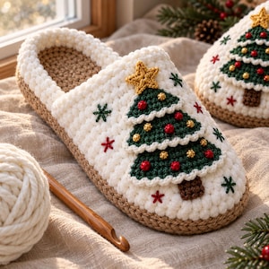 May include: A pair of cream-coloured crochet slippers featuring a dark green Christmas tree applique on the top. The tree is decorated with small red and gold spheres and topped with a yellow star. Small red and green embroidered snowflakes accent the white yarn base, which has a tan-coloured sole and interior lining.