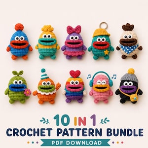Pode incluir: Dez bonecos monstro de crochê coloridos com vários acessórios como chapéus, laços e fones de ouvido. O texto 10 IN 1 CROCHET PATTERN BUNDLE PDF DOWNLOAD é exibido na parte inferior. Cada boneco tem olhos brancos grandes e boca aberta.