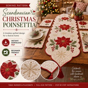 Può includere: Un cartamodello per un runner da tavola e tovagliette trapuntate con sfondo color crema, fiori di poinsettia rossi, foglie verdi e fiocchi di neve dorati ricamati. Il set include nappe rosse e bordi smerlati per un aspetto festoso.
