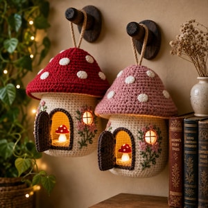May include: Two crocheted mushroom-shaped houses hanging from dark wooden wall hooks. One house has a red cap with white spots, the other a dusty pink cap with white spots. Both feature cream-colored walls, open doors, lit windows, and small interior mushroom lights.