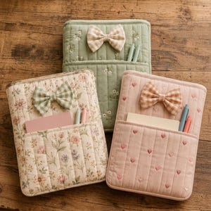 Può includere: Tre copertine per quaderni in tessuto trapuntato con cuciture verticali e tasche frontali. Una è verde salvia con fiori bianchi, una è color crema con motivi floreali e una è rosa chiaro con piccoli cuori ricamati. Ognuna ha un fiocco.