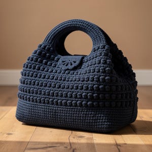 May include: A dark navy blue crochet handbag featuring a textured bobble stitch pattern across the body and a solid base. The bag includes a rounded integrated handle and a decorative semi-circular flap closure with a delicate fan-like cutout detail.