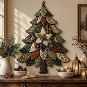 Può includere: Una decorazione da parete a forma di albero di Natale realizzata con pezzi di tessuto trapuntato a forma di foglia in tonalità verde, marrone e crema, con un fiore di stella di Natale bianco centrale e bacche rosse.