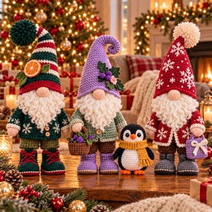 May include: Three crocheted gnomes and a small penguin figurine. The first gnome wears a green and red striped hat with an orange slice. The second is purple with berries. The third is red with white snowflakes and a small gift bag.