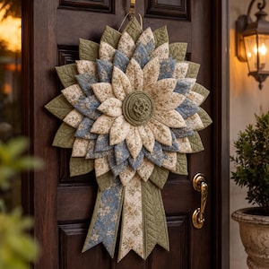 Peut inclure: Une décoration murale en tissu en forme de grande fleur avec des pétales superposés dans des tons vert sauge, bleu cendré et crème à motifs floraux. Le centre présente un motif matelassé circulaire et trois longs rubans pendent.
