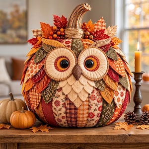Op de afbeelding: Een decoratieve pompoen in de vorm van een uil, voorzien van stoffen panelen in herfstkleuren zoals oranje, rood, bruin en groen. De uil heeft grote zwarte ogen, een bruine snavel en gelaagde stoffen bladeren als veren, bekroond met een pompoensteel.