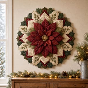 May include: A circular quilted wall hanging featuring a layered poinsettia design with deep red, cream, and dark green fabric petals. The center is accented with a gold-toned textured detail, and the entire piece is arranged in a symmetrical floral pattern.