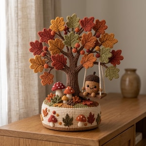 Könnte beinhalten: Eine gehäkelte Herbstbaum-Skulptur mit braunem Stamm und bunten Blättern in Rot-, Orange- und Grüntönen. Eine kleine lächelnde Eichel-Figur sitzt auf einer Schaukel. Der cremefarbene Sockel ist mit Pilz- und Blattmotiven verziert.