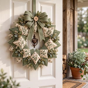 May include: A decorative wreath featuring quilted fabric segments in sage green and cream with a botanical leaf pattern. The wreath is accented with small green sprigs, white berries, and a large sage green fabric bow with a central wooden button.