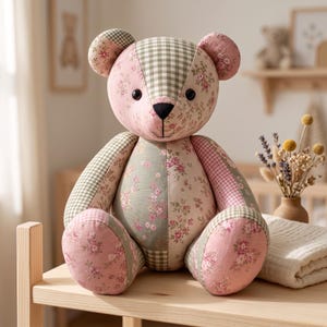 May include: A stuffed teddy bear constructed from patchwork fabric featuring a mix of light pink floral patterns, sage green floral prints, and a green and white gingham check. The bear has two black button eyes and a black stitched nose.