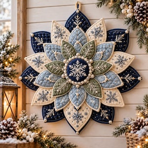 Op de afbeelding: Een stervormige, doorgestikte wandhanger met gelaagde bloemblaadjes in marineblauw, lichtblauw en saliegroen. De stof is versierd met geborduurde witte sneeuwvlokpatronen, ingewikkelde stiksels en kleine witte kralen langs de randen.