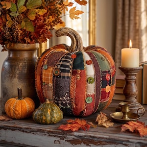 Puede incluir: Una calabaza decorativa de tela con un diseño de patchwork de varios textiles en colores otoñales, incluyendo telas a cuadros y lisas, adornada con botones redondos variados y costuras decorativas, rematada con un tallo marrón texturizado.