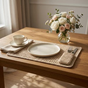 May include: A rectangular beige crocheted placemat featuring a textured waffle-like pattern. The placemat holds a round off-white ceramic plate, a matching cup and saucer, a folded beige napkin, and a small crocheted cutlery pouch with a fork and knife.
