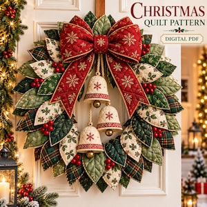Patrón de costura en PDF para adorno navideño acolchado para puerta / Corona de tela con lazo y campanillas