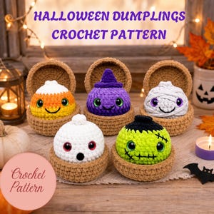 Halloween Dumplings Crochet Pattern PDF, 5-in-1 Amigurumi Bundle, Ghost Witch Mummy Frankenstein Candy Corn