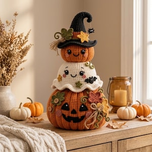 Puede incluir: Una decoración de Halloween de ganchillo apilada que presenta una base de calabaza naranja grande, una sección central de fantasma blanco y una calabaza pequeña en la parte superior con un sombrero de bruja negro, una estrella amarilla y hojas.