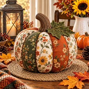 May include: A fabric pumpkin decoration featuring alternating panels of cream, dark green, and burnt orange fabric with a floral print. The pumpkin has a brown knit stem and a single green fabric leaf attached to the top, resting on a round mat.