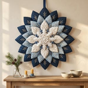 May include: A circular wall hanging featuring layered, quilted fabric petals in shades of navy blue, light blue, and white. The design includes embroidered gold-toned branch motifs and a central white felt snowflake ornament with small blue accents.