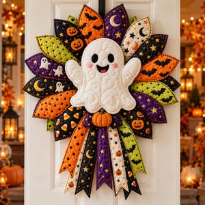 Könnte beinhalten: Ein gesteppter Halloween-Kranz mit einem zentralen weißen Geist mit rosa Wangen, umgeben von Stoffblütenblättern in Orange, Lila, Schwarz und Limettengrün mit Mustern aus Fledermäusen, Kürbissen, Sternen und Monden sowie herabhängenden Stoffbändern.