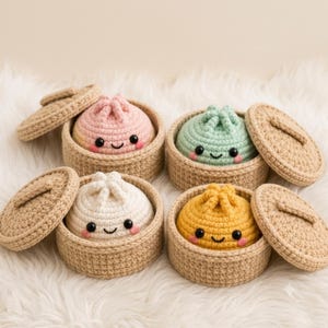Virkmönster för dumplings i PDF-format, Bao Bun och ångkorg med amigurumi-matset