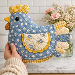 Hen Oven Mitt Sewing Pattern PDF, Chicken Pot Holder Pattern, Quilted Farmhouse Kitchen Decor, Instant Download