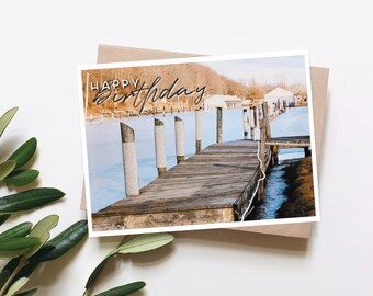 Harbor Birthday Card, Happy Birthday Greeting Cards, Card for Dad, Husband, Boyfriend, Lake and Fishing, Outdoors Card, Boat, Made in Canada