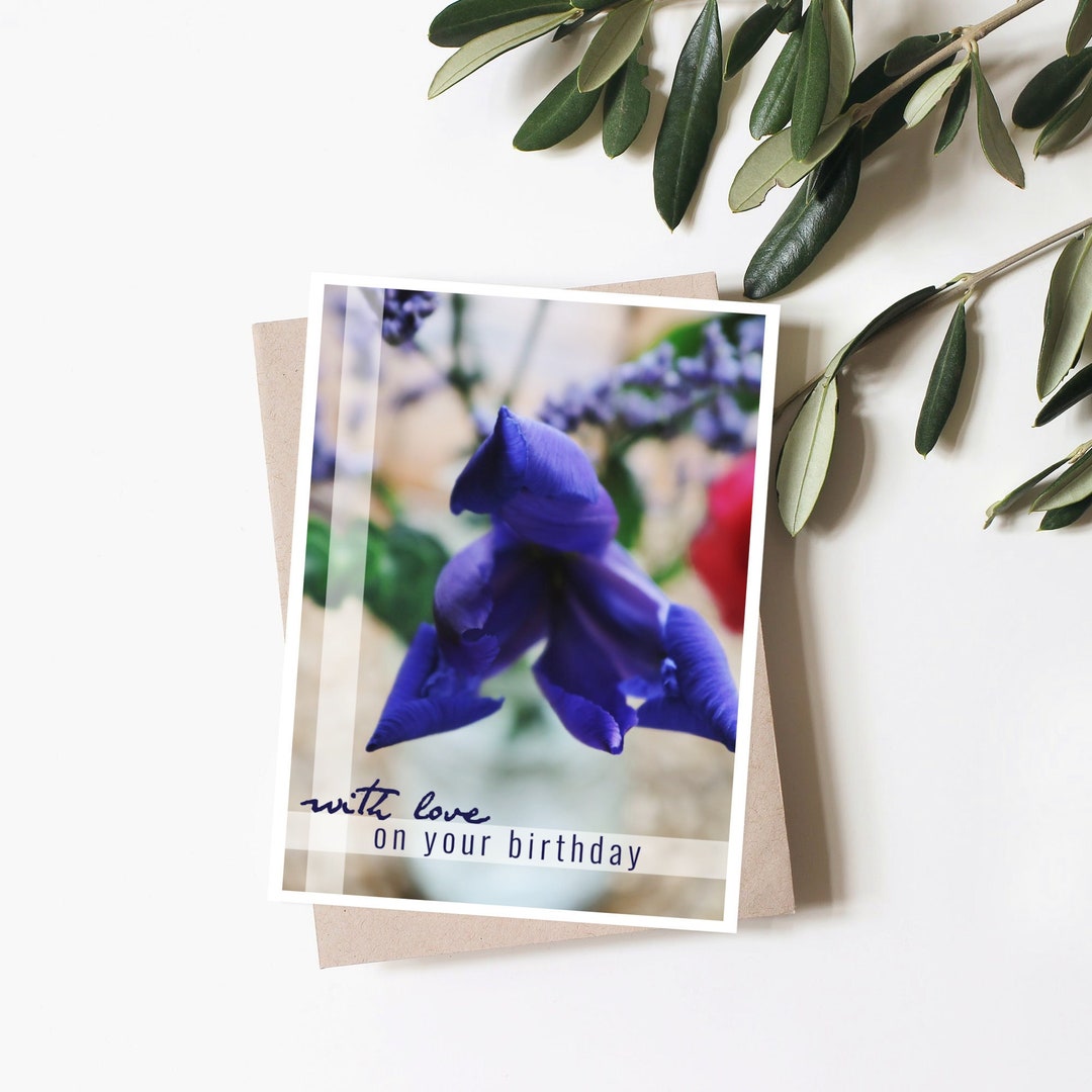 Iris Birthday Card, Blue Flower Happy Birthday Card, Spring Florals