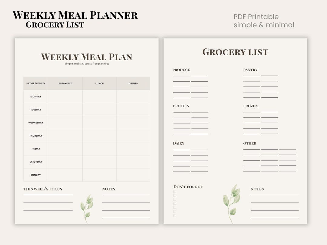 Weekly Meal Planner Printable & Grocery List | Minimal Planning PDF ...