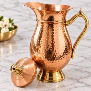 Kopparkanna av premiumkvalitet med lock, 25 cm vattenkanna, 2 liters ayurvedisk förvaring, handgjord köksinredning, wellnesspresent