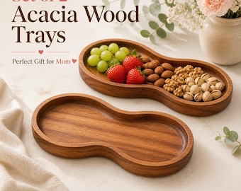 Cadeau pour maman, lot de 2 plateaux en bois d'acacia, plateau à en-cas en bois, table basse assiette de service, cadeau de fête des mères, décoration de cuisine