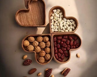 Juego de bandejas de madera con forma de corazón, regalo para mamá: cuencos de madera maciza para frutos secos y dátiles. Decoración romántica para la mesa del comedor o la sala de estar.