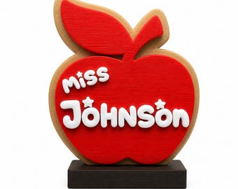Personalized Teacher Name Sign, 3D Printed Apple Desk Plaque, Custom Classroom Decor