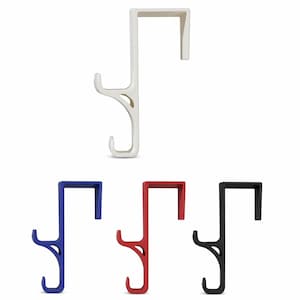 May include: A collection of over-the-door hooks in white, blue, red, and black. Each hook has a rectangular top section for hanging over a door and a curved hook for hanging items. The hooks are made of a solid material.