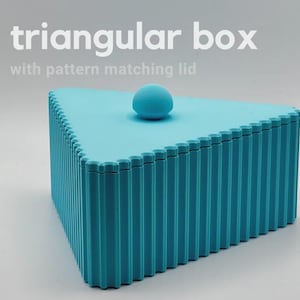 May include: A turquoise triangular box with a matching lid and a small, round handle. The box has vertical ridged detailing on the sides and the text "triangular box with pattern matching lid".