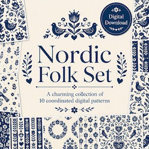 Może przedstawiać: Zestaw do pobrania cyfrowego zawierający dziesięć skoordynowanych wzorów w kolorze ciemnoniebieskim na kremowym tle. Tekst brzmi Nordic Folk Set oraz A charming collection of 10 coordinated digital patterns. Wzory przedstawiają ptaki, kwiaty i serca.