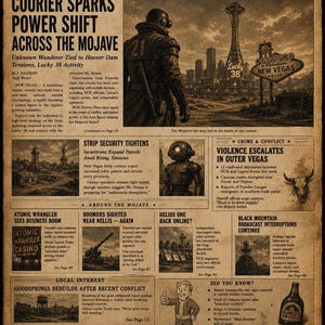 May include: A vintage newspaper front page titled "The Mojave Gazette" with the date June 2, 2281. Headlines include "Courier Sparks Power Shift Across the Mojave" and "Violence Escalates in Outer Vegas." The image has a sepia tone.