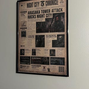 Cyberpunk 2077 Inspired Poster – Night City Chronicle Newspaper Print (Arasaka Tower Attack) image 5