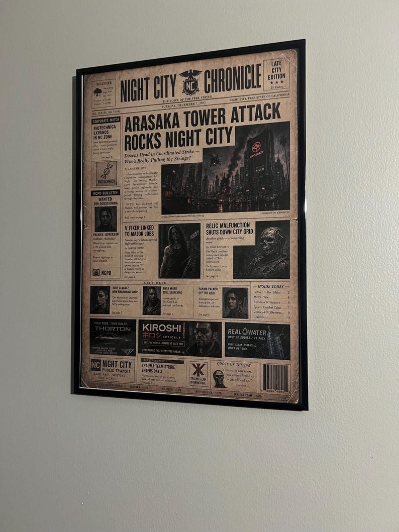 Cyberpunk 2077 Inspired Poster – Night City Chronicle Newspaper Print (Arasaka Tower Attack) image 5