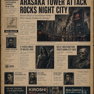 Cyberpunk 2077 Inspired Poster – Night City Chronicle Newspaper Print (Arasaka Tower Attack) image 1
