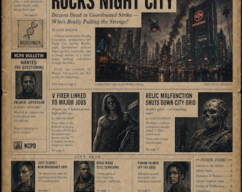 Op Cyberpunk 2077 geïnspireerde poster – Night City Chronicle-krantenprint (Arasaka Tower Attack)