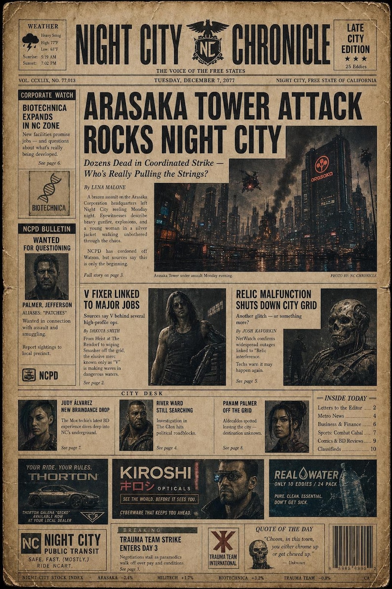 Cyberpunk 2077 Inspired Poster – Night City Chronicle Newspaper Print (Arasaka Tower Attack) image 1