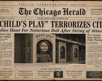 Chucky Horror Poster – Vintage Newspaper Style “Child’s Play Terrorizes City” Print (13×19)