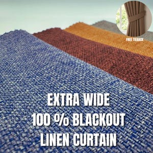 Tenda extra larga in lino foderato, 100% oscurante, ideale per camera da letto e soggiorno. Disponibile con passante per asta, occhielli, ganci e anelli per il fissaggio al binario.