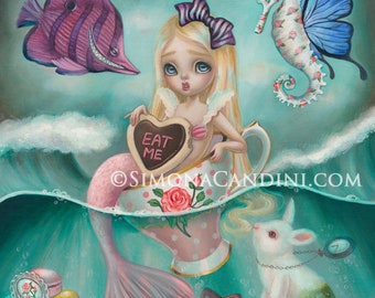 MermAlice In the Sea Of Tea LIMITED EDITION print paper canvas signed numbered Simona Candini big eyes Wonderland Cheshire Cat