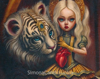 Tiger's Heart LIMITED EDITION print Simona Candini big eyes pop surreal victorian girl dark circus carnival girl acrobat lion tamer painting