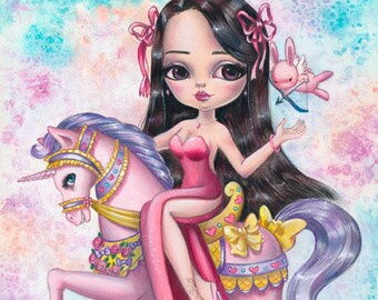 Artemide & The Love Bunny LIMITED EDITION print Simona Candini Unicorn Fairy love cherub Carousel Circus Horse Big Eyes Fantasy Art Kawaii