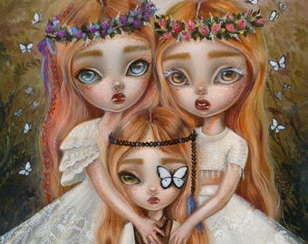 The Threee Sisters SIGNED print Simona Candini flower child children big eyes lowbrow pop surreal art oil painting